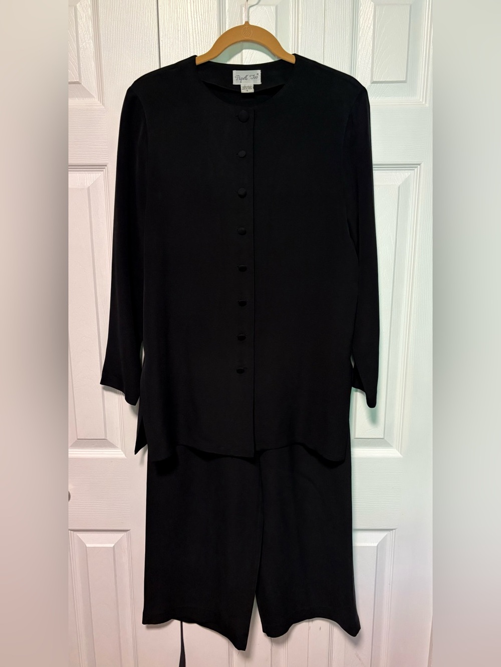 Vintage 100% Silk Classic Black Button-Front Pantsuit